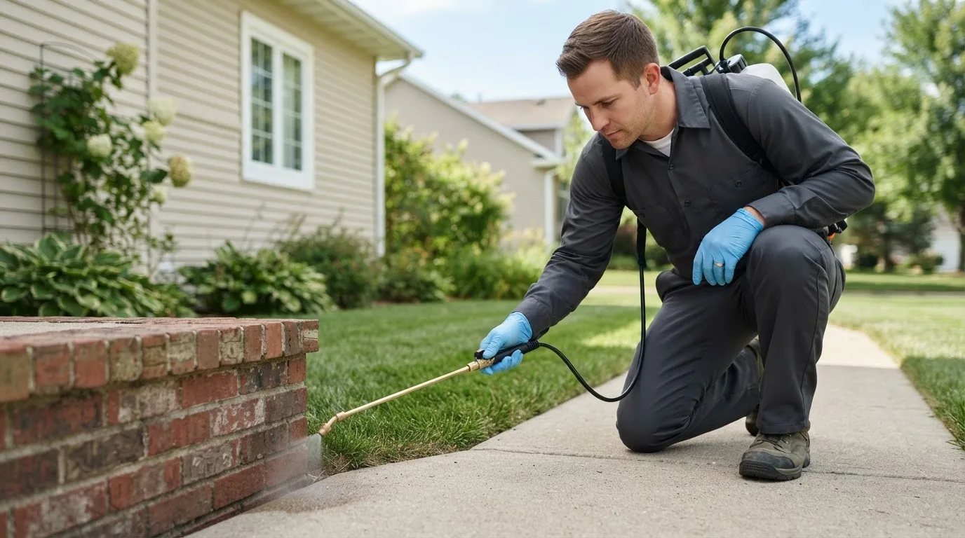 Pest control technician treating a home near Deerton, MI