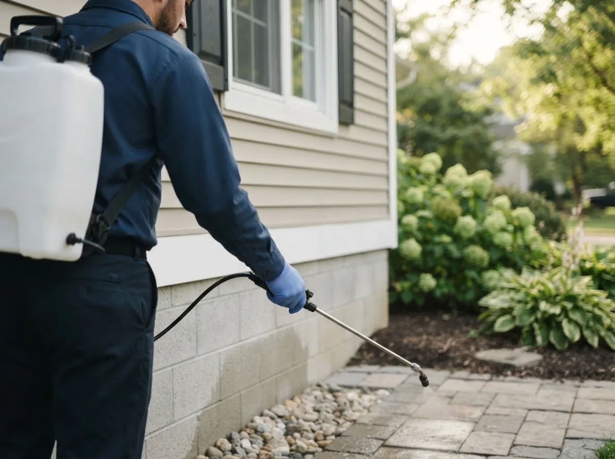 Pest control technician inspecting a home in Deerton, MI